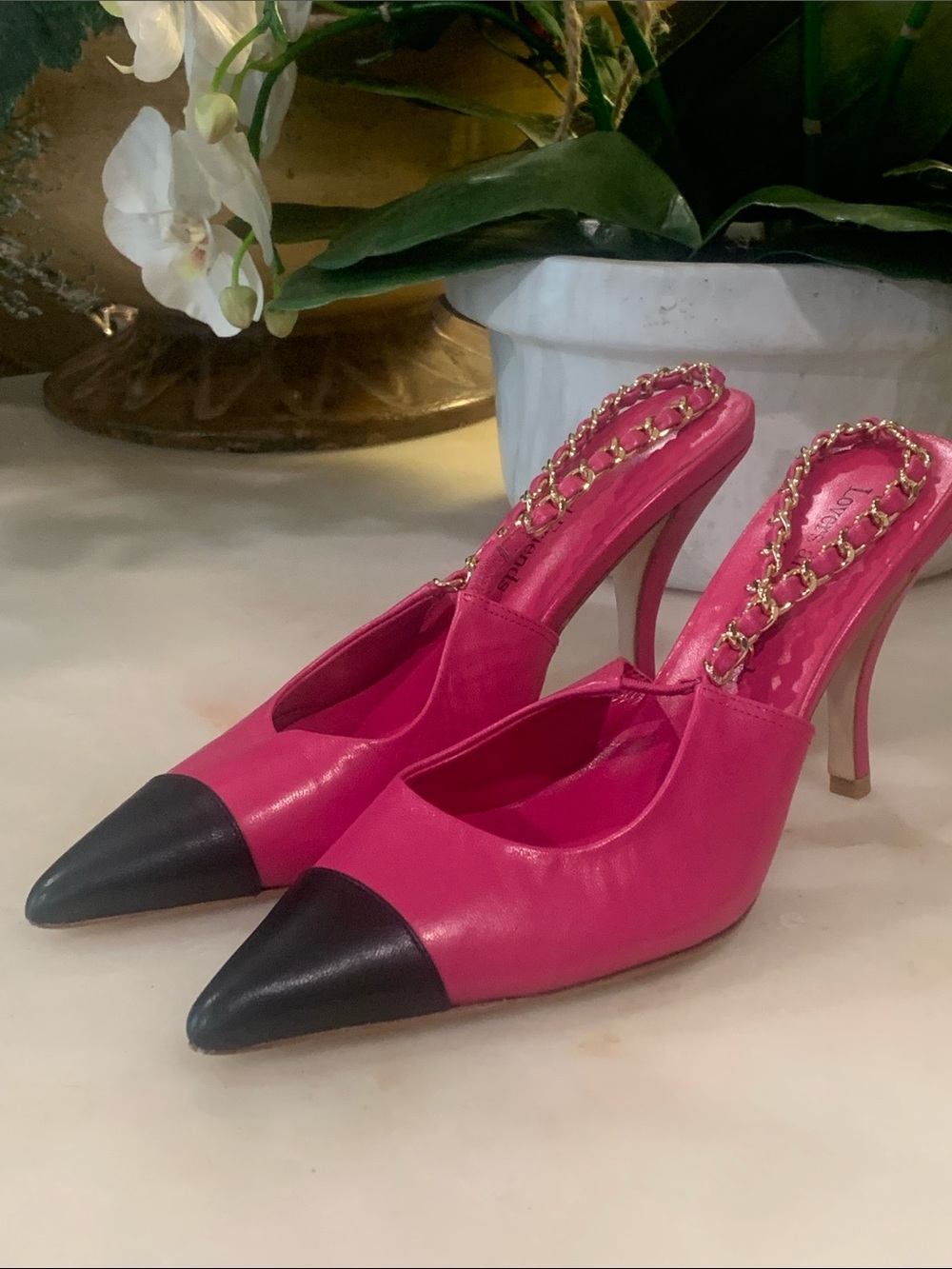 Lovers + Friends Pink/Black Leather Heeled Sandals Size 8.5